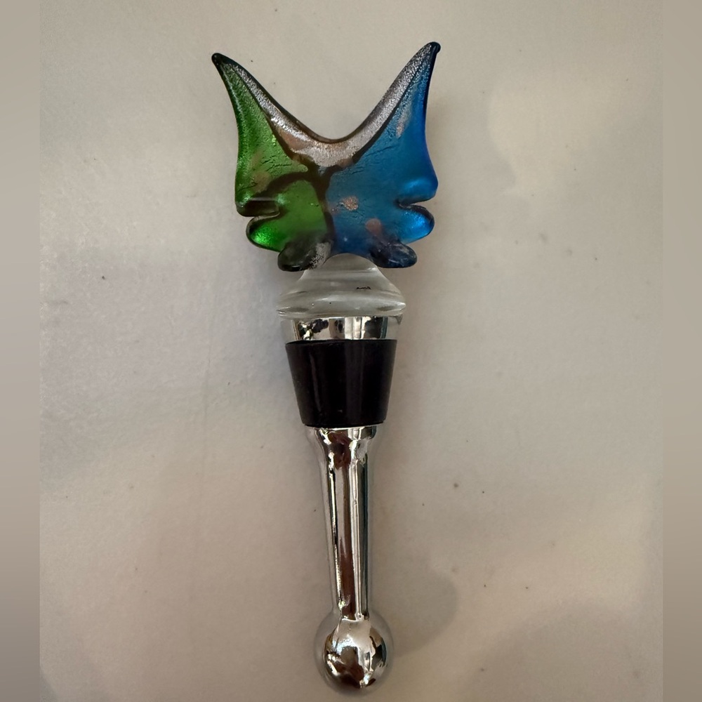 Hand Blown Glass Butterfly‎ Wine Stopper Blue Green